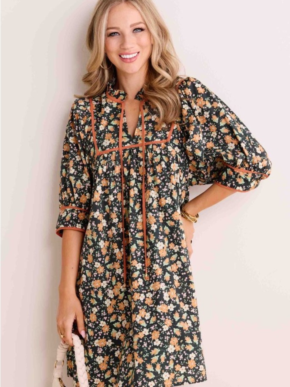 entro Green & Orange Floral Babydoll Mini Dress Puff Sleeves Pockets Small Fall